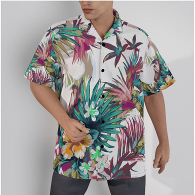 Tropical B n PN leaves print Men's Hawaiian shirt.