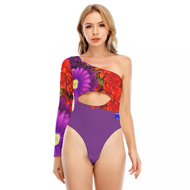 PNO floral top and purple Print Women's Long-sleeved Waist-cut Bodysuit With One-sleeve