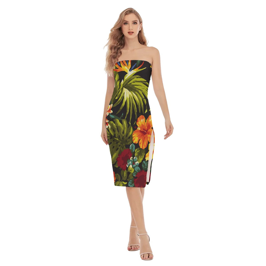 Hibiscus bed Print Women's Side Split Tube Top Dress