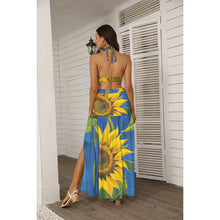 Load image into Gallery viewer, Sunflower All-Over Print Women&#39;s Blue Tie Back Wrap Dress.  (SPI)