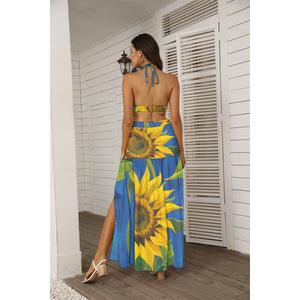 Sunflower All-Over Print Women's Blue Tie Back Wrap Dress.  (SPI)